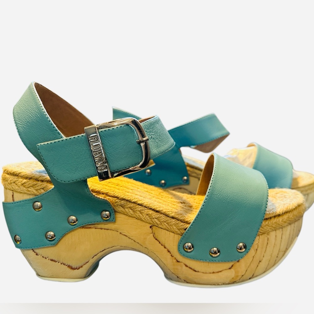 John Fluevog Light Blue Mountain buckle clog.